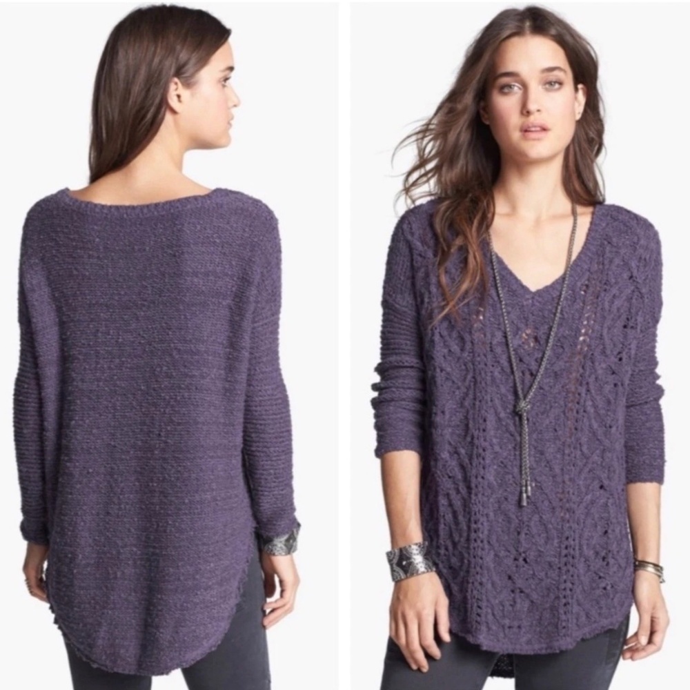 Free People Cross My Heart Cable Knit Sweater S Purple Frayed Fringe Grunge Boho